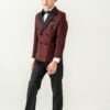 Side view of boys double-breasted bordeaux and black wedding suit set