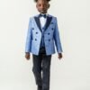 Boys double-breasted wedding five-piece suit set in navy blue with black trim