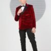 Boys double-breasted velvet wedding five-piece suit set in bordeaux and black