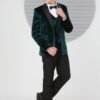 Boys double-breasted velvet wedding five-piece suit set in turquoise and black