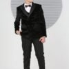 Front view of boys black velvet wedding suit set