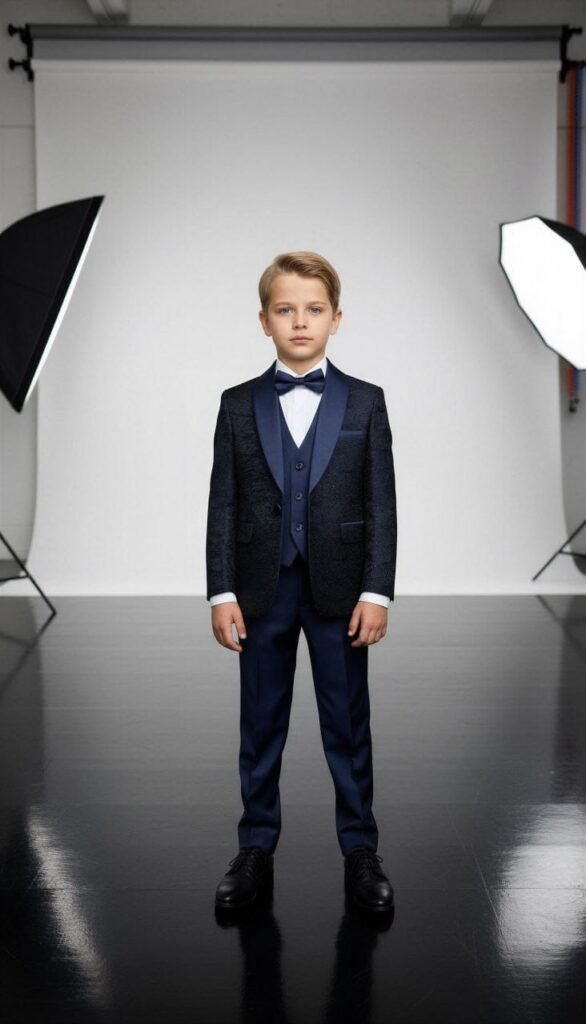 Boys single-button velvet wedding five-piece suit set in navy blue