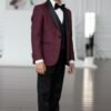 Boys single-button velvet wedding five-piece suit set in bordeaux and black