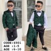 Emerald green paisley boys' tuxedo suit set, modelled