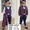 Bordeaux/navy textured paisley boys' tuxedo suit set, modelled