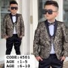Beige/gold paisley boys' tuxedo suit set, modelled