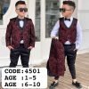 Bordeaux paisley boys' five-piece tuxedo set, modelled
