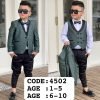 Silver-green textured jacquard boys' five-piece tuxedo set, modelled
