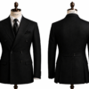 Men's black double-breasted 100% wool blazer on a white background
