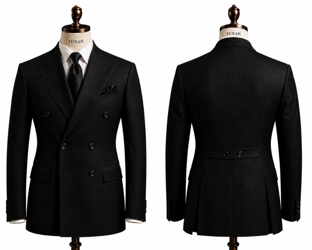Men's black double-breasted 100% wool blazer on a white background