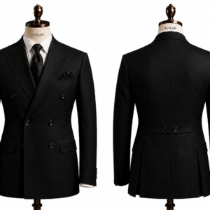 Men's black double-breasted 100% wool blazer on a white background