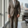 Men's beige brown slim-fit three-piece 100% wool suit