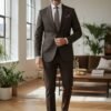 Men's brown slim-fit three-piece 100% wool suit