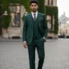 Men's green slim-fit three-piece 100% wool suit