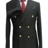 Men's dark green slim-fit double-breasted three-piece wool suit