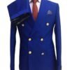 Men's royal blue slim-fit double-breasted three-piece wool suit