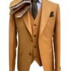 Men's beige three-piece 100% wool slim-fit suit with a two-button jacket, waistcoat and trousers