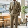 Men's beige three-piece 100% wool slim-fit suit with a two-button jacket, waistcoat and trousers