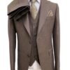 Men's brown three-piece 100% wool slim-fit suit with a two-button jacket, waistcoat and trousers