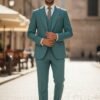 Men's green three-piece 100% wool slim-fit suit with a two-button jacket, waistcoat and trousers