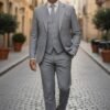 Men's grey three-piece 100% wool slim-fit suit with a two-button jacket, waistcoat and trousers