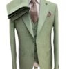 Men's lemon green three-piece 100% wool slim-fit suit with a two-button jacket, waistcoat and trousers