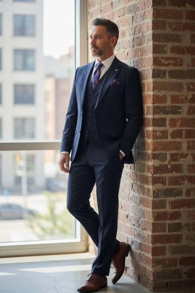 Men's navy three-piece 100% wool slim-fit suit with a two-button jacket, waistcoat and trousers