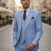 Men's sky blue three-piece 100% wool slim-fit suit with a two-button jacket, waistcoat and trousers