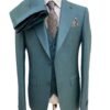 Men's turquoise three-piece 100% wool slim-fit suit with a two-button jacket, waistcoat and trousers