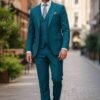 Men's turquoise three-piece 100% wool slim-fit suit with a two-button jacket, waistcoat and trousers