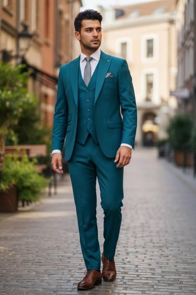Men's turquoise three-piece 100% wool slim-fit suit with a two-button jacket, waistcoat and trousers
